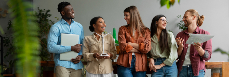 Illustration of five diverse individuals engaged in a casual discussion in a modern office setting.